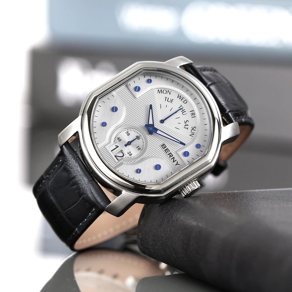 BERNY Tonneau Classic Men's Watch Quartz Luxury Top Watches Ronda 7004N Day Stainless Steel Sapphire Pendulum Dial Watch for Men