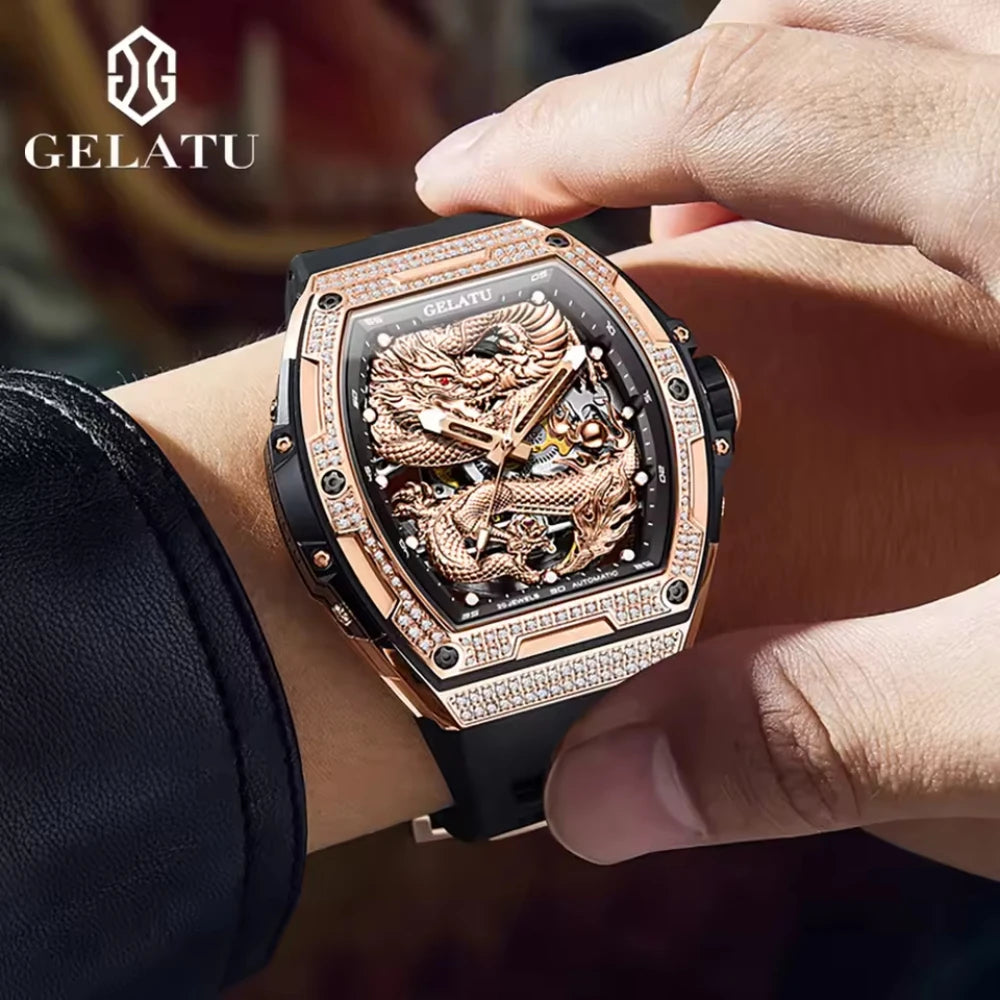GELATU Brand Hollow Men Watch Silicone Strap Waterproof High end Full Diamond Dragon Dial Brand Automatic Mechanical Watch 6021