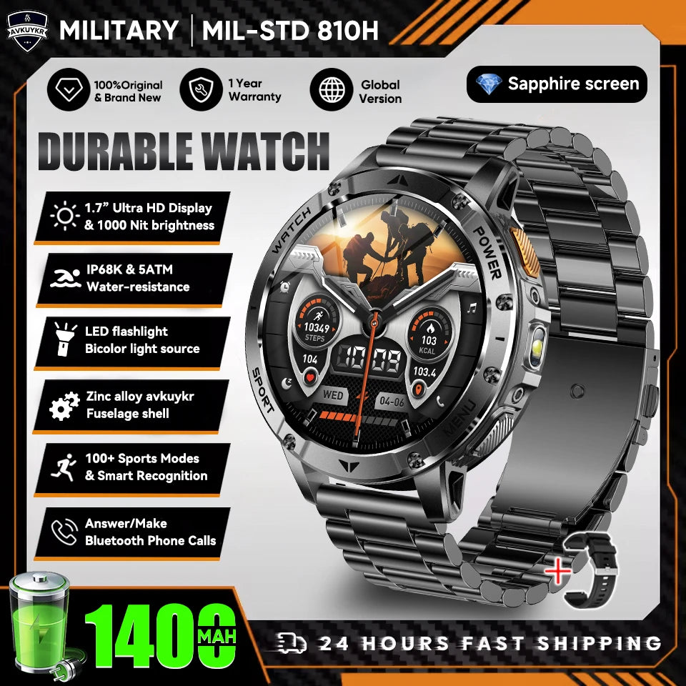 New Outdoor Sports Fitness 1.7 Inch Smart Watch 1400mAh Battery Waterproof SOS Dual-Color Flashlight BT Call Smart watch For Men