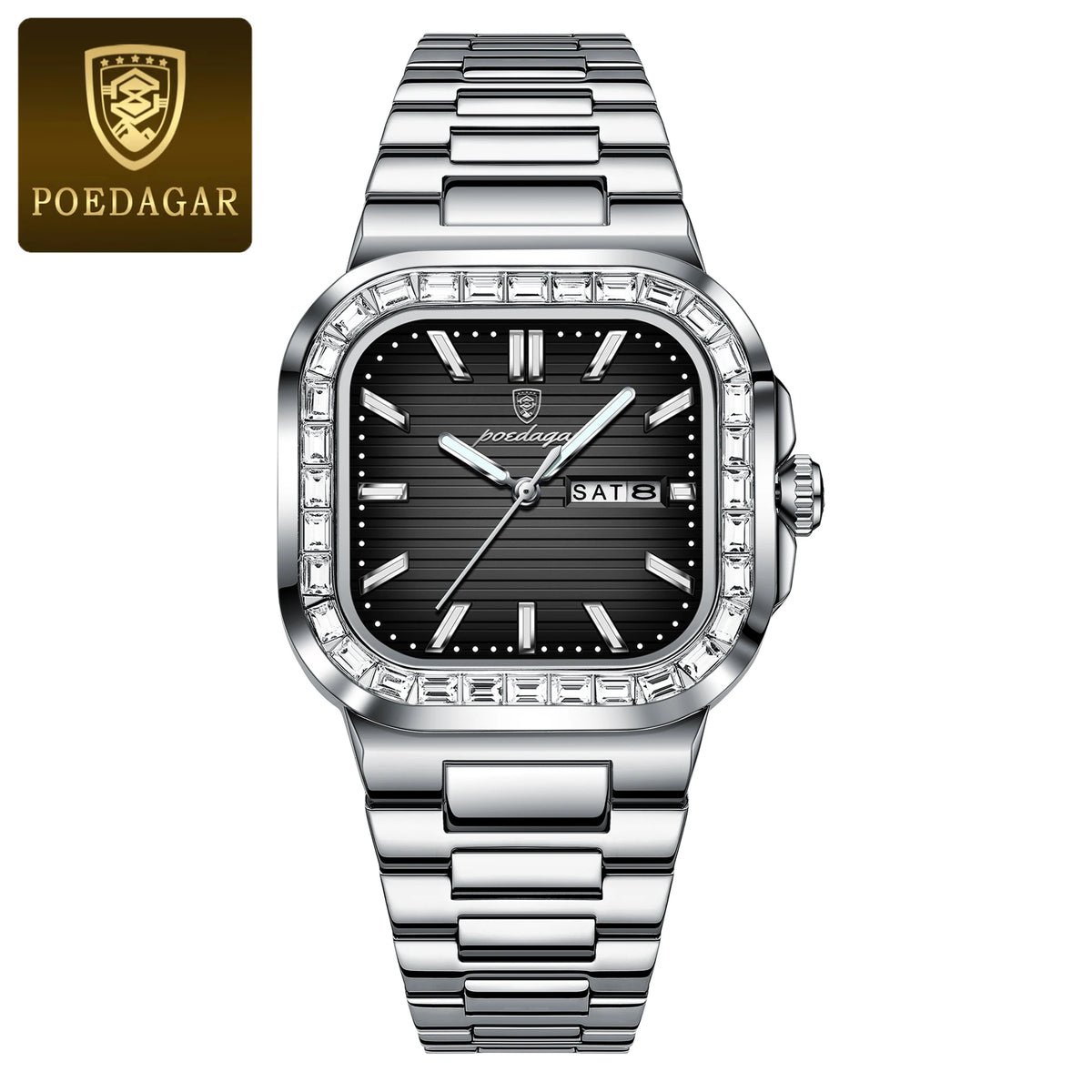 POEDAGAR Square Fashion Men's Watch Date Week Waterproof Luminous Quartz Man Watch Stainless Steel Luxury Sports Watches For Men