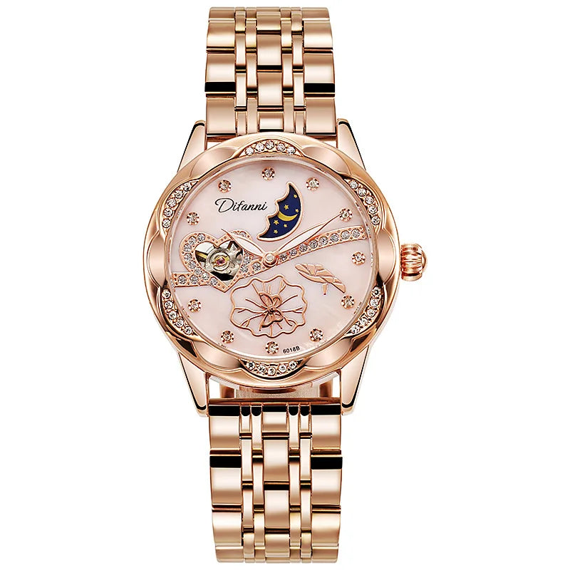 Watches Women Fashion Watch 2023 Automatic Mechanical Rhinestone Skeleton Dial Premium Leather Band Elegant Lady Watch New