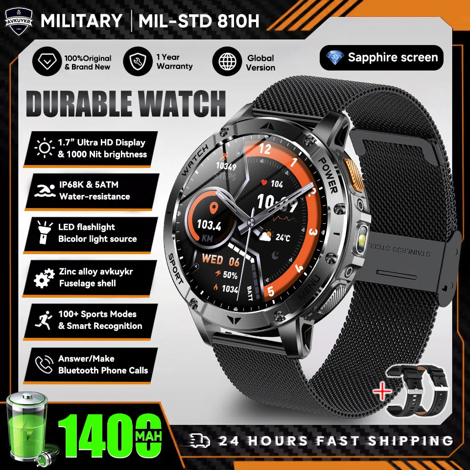 New Outdoor Sports Fitness 1.7 Inch Smart Watch 1400mAh Battery Waterproof SOS Dual-Color Flashlight BT Call Smart watch For Men