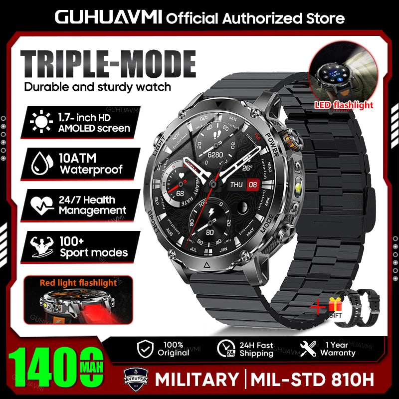 2026 New Military 1400mAh Battery Smart Watch Men Outdoor Flashlight 10ATM Waterproof Heart Rate Bluetooth Call Sports Bracelets