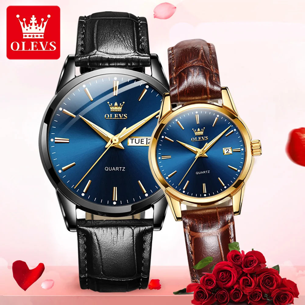 OLEVS 6898 Couple Watches Original Fashion Simple Waterproof Luminous Quartz Watch Leather Strap Date Wristwatch Couple Gifts