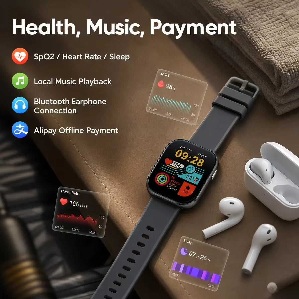KUMI U6 Smart Watch 1.96" AMOLED 60Hz, Dual-Band GPS, AI ChatGPT Voice Assistant, Heart Rate/SpO2/Sleep, 100+ Sports, 5ATM