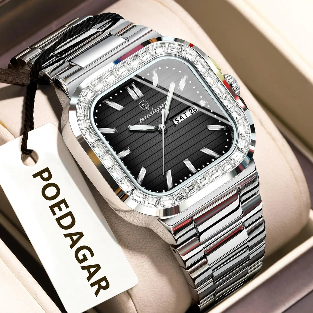 POEDAGAR Square Fashion Men's Watch Date Week Waterproof Luminous Quartz Man Watch Stainless Steel Luxury Sports Watches For Men