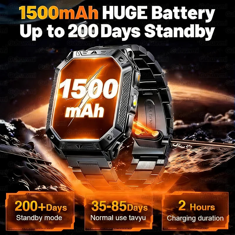 1500mAh Military Grade Smart Watch 100 Days Battery Life 10ATM Waterproof Bluetooth Call SOS Alert LED Flashlight Sports Watches