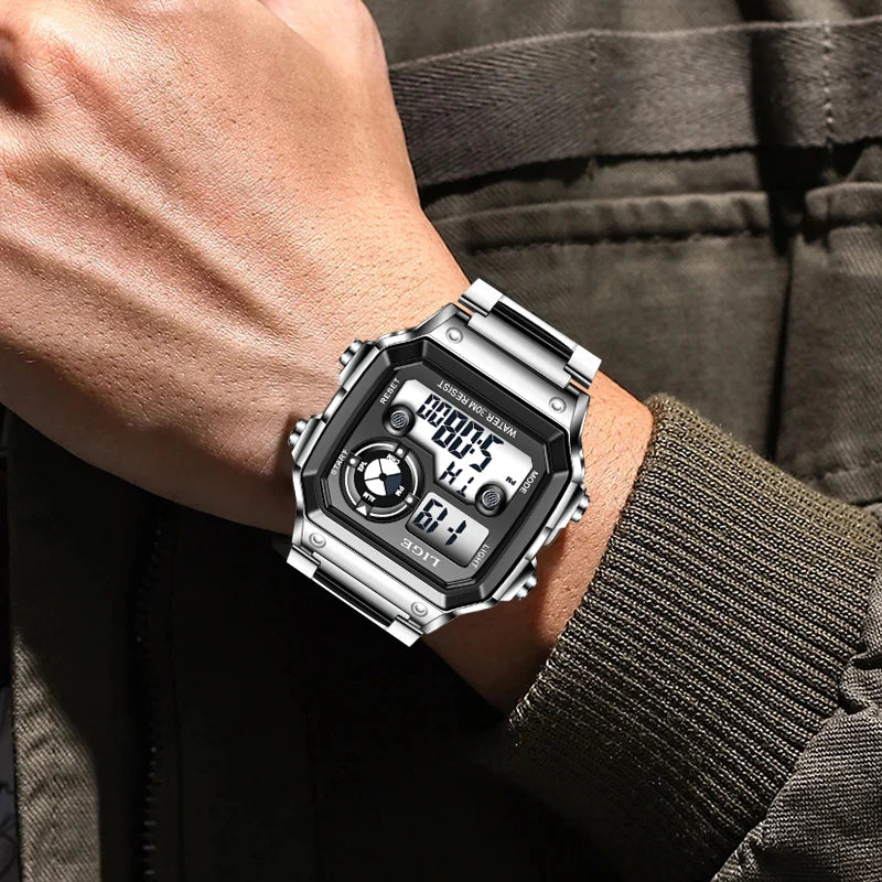 LIGE Eletronic Man Watch Fashion Casual Sport Waterproof Alarm Chronograph Stainless Steel Dual Digital Display Watches for Men