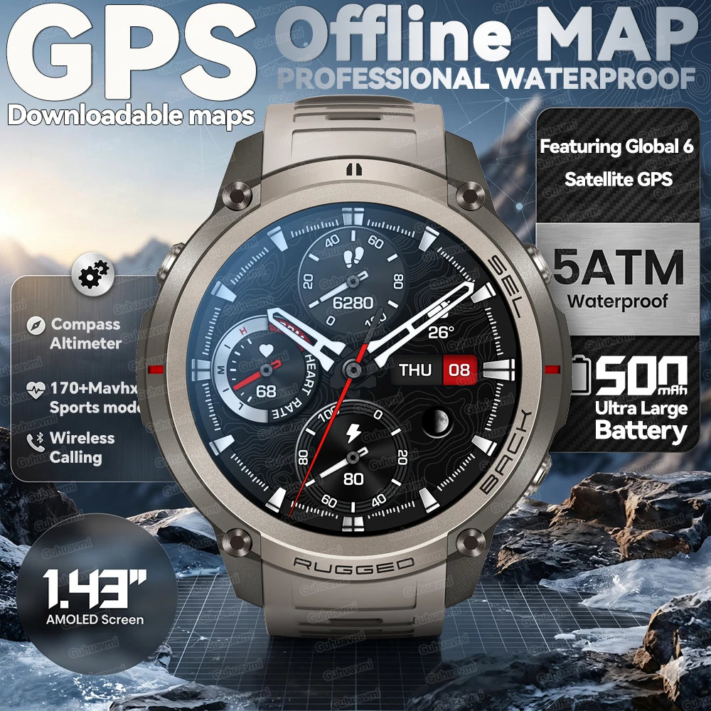 2026 new generation six-star GPS smart watch 1.43-inch AMLED screen 5atm waterproof offline map compass outdoor sports bracelet