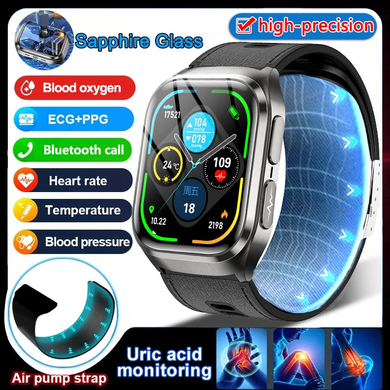 True Blood Pressure Smart Watch Air Pump Airbag Strap ECG PPG SpO2 Heart Rate Sleep Monitor 1.43" AMOLED Health Smart Bracelet