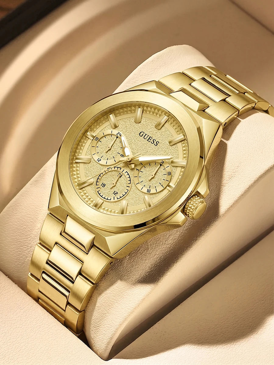 GUESS Original Luxury Gold Tone Round Watches for Men Stainless Steel Elegant Multifunction Quartz Chronograph Classic Business