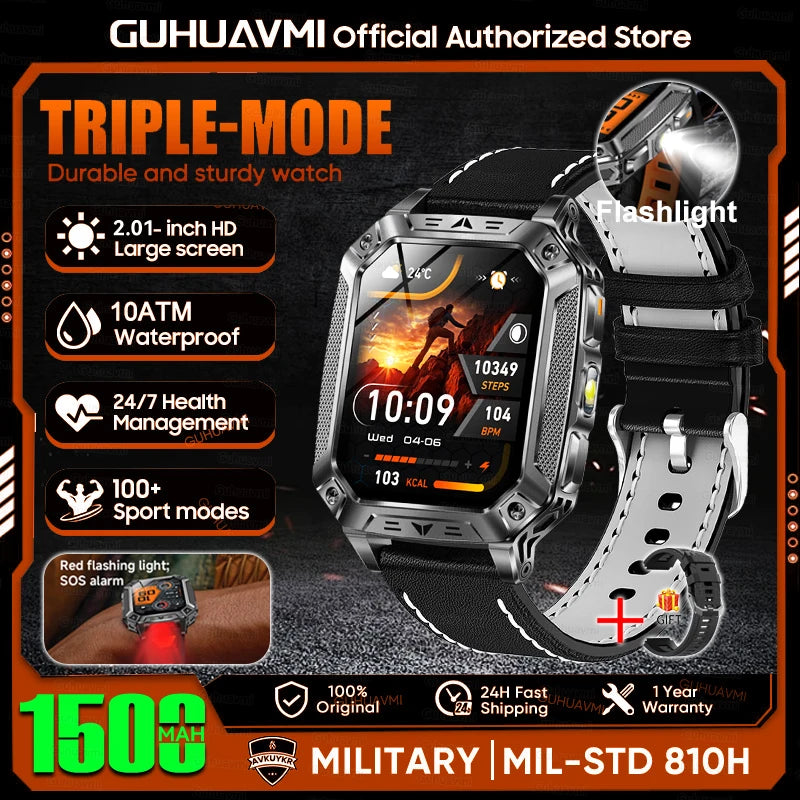 1500mAh Military Grade Smart Watch 100 Days Battery Life 10ATM Waterproof Bluetooth Call SOS Alert LED Flashlight Sports Watches