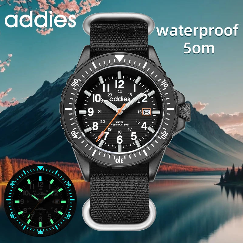 ADDIES 2026 New Men's Sports Quartz Watch Nylon Strap Swimming Waterproof Watch Tubular Luminous Outdoor Fashion Quartz Watch