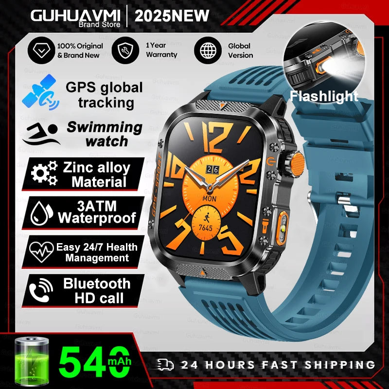 2026 New Military Grade Outdoor GPS Smart Watches Men Compass Heart Rate BT Call LED Flashlight 10ATM Waterproof Swim Smartwatch