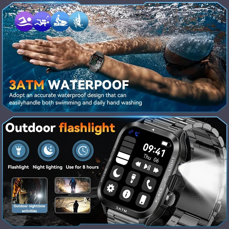 LIGE 2026 New 1.96"HD Screen Smartwatch Men Sports 880mAh Battery Bluetooth Call LED Flashlight 3ATM Waterproof Men Smart Watch