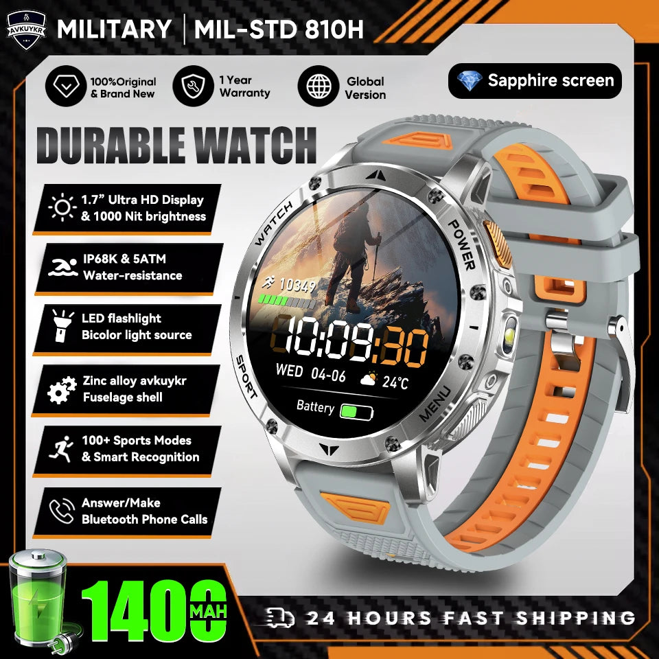 New Outdoor Sports Fitness 1.7 Inch Smart Watch 1400mAh Battery Waterproof SOS Dual-Color Flashlight BT Call Smart watch For Men