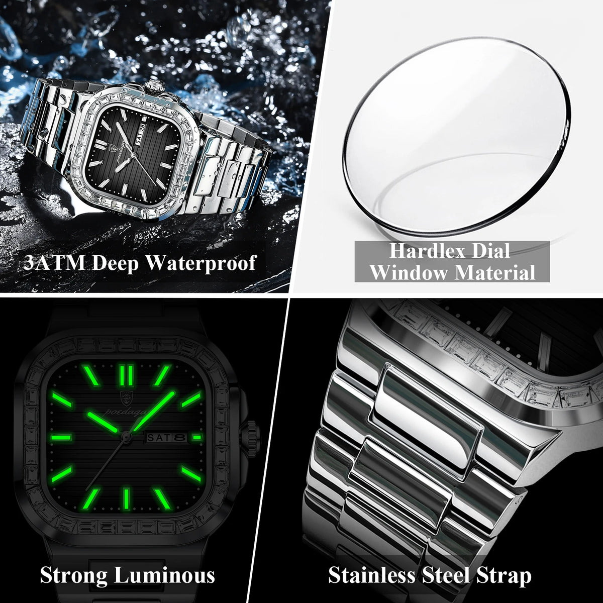 POEDAGAR Square Fashion Men's Watch Date Week Waterproof Luminous Quartz Man Watch Stainless Steel Luxury Sports Watches For Men
