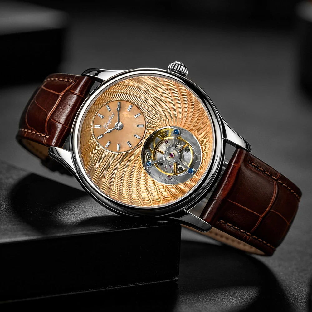 Gezfeel Flying Tourbillon CNC Guilloché Dial Watch For Men Mechanical Waterproof Mens Watches Luxury Movement Stainless Steell