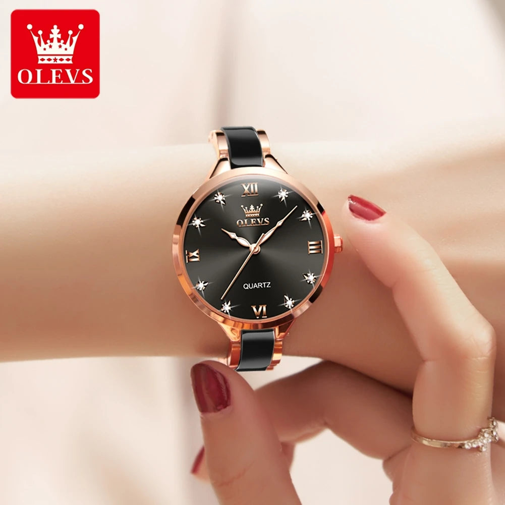 OLEVS 5872 Women Watch Elegant Luxury Original Quartz Watch  Waterproof Luminous Ceramic Strap Watches For Women Bracelet Set