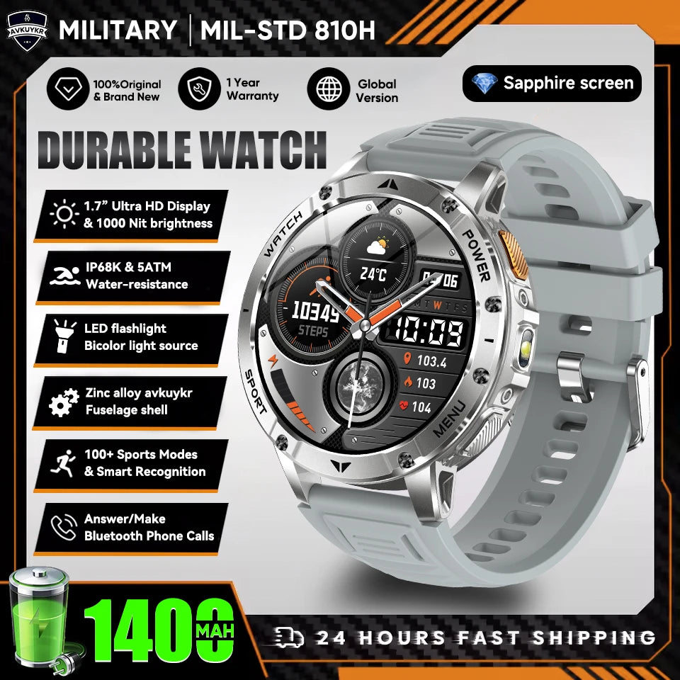New Outdoor Sports Fitness 1.7 Inch Smart Watch 1400mAh Battery Waterproof SOS Dual-Color Flashlight BT Call Smart watch For Men