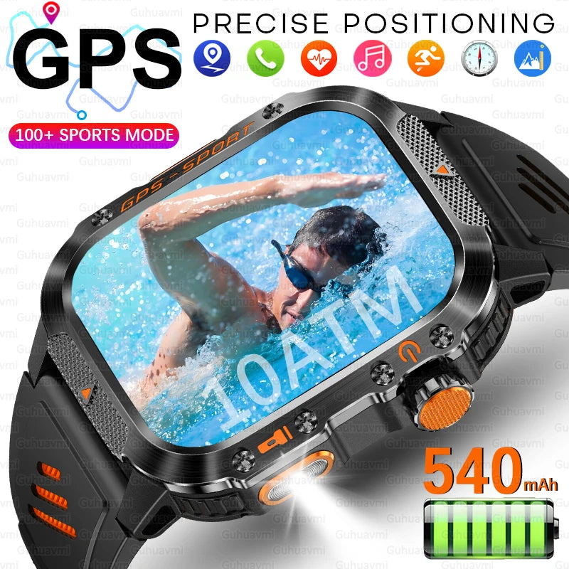 2026 New Military Grade Outdoor GPS Smart Watches Men Compass Heart Rate BT Call LED Flashlight 10ATM Waterproof Swim Smartwatch