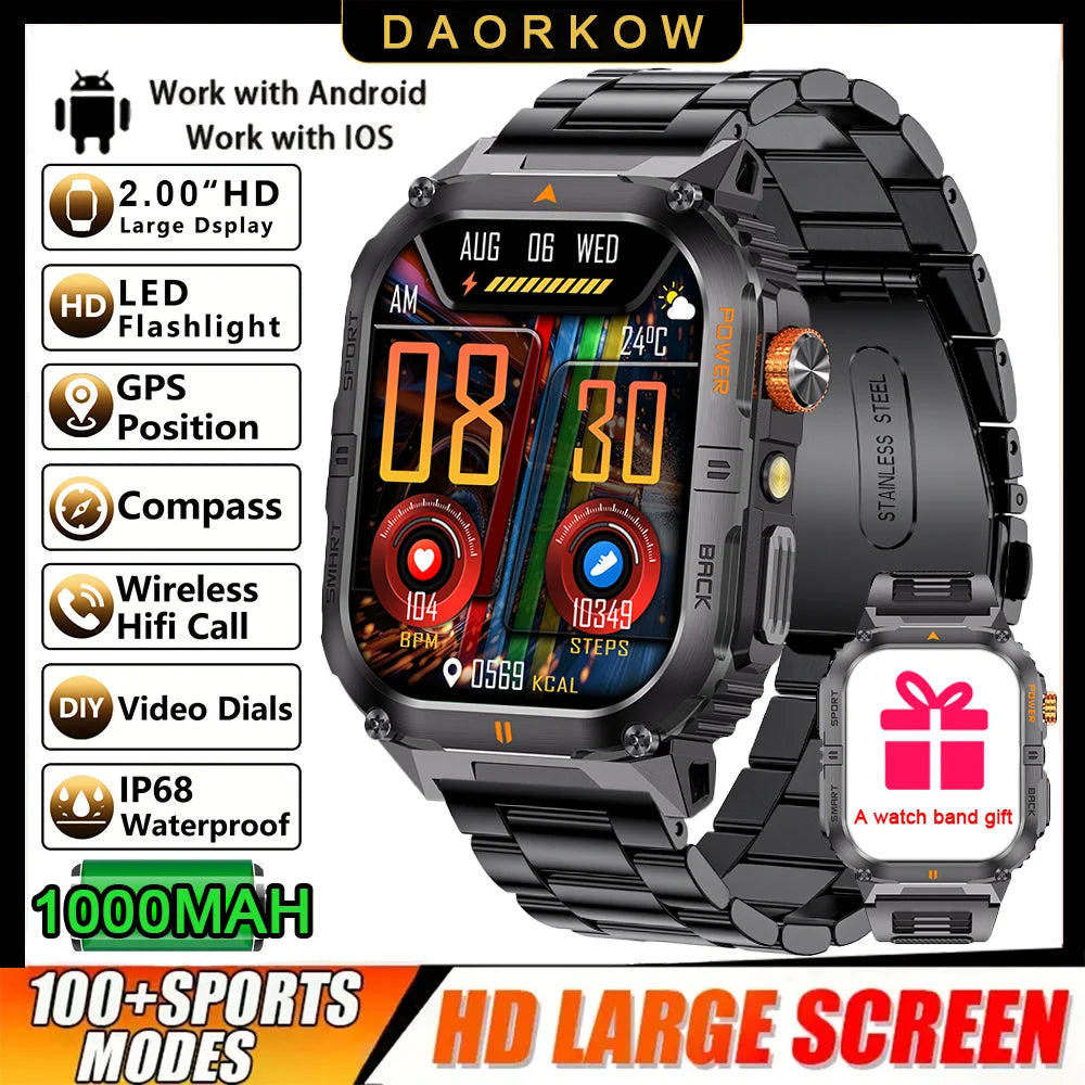 2026 1000mAh military outdoor smartwatch 2.01 inches LED flashlight IP68 waterproof Heart rate sleep Bluetooth call sport watch