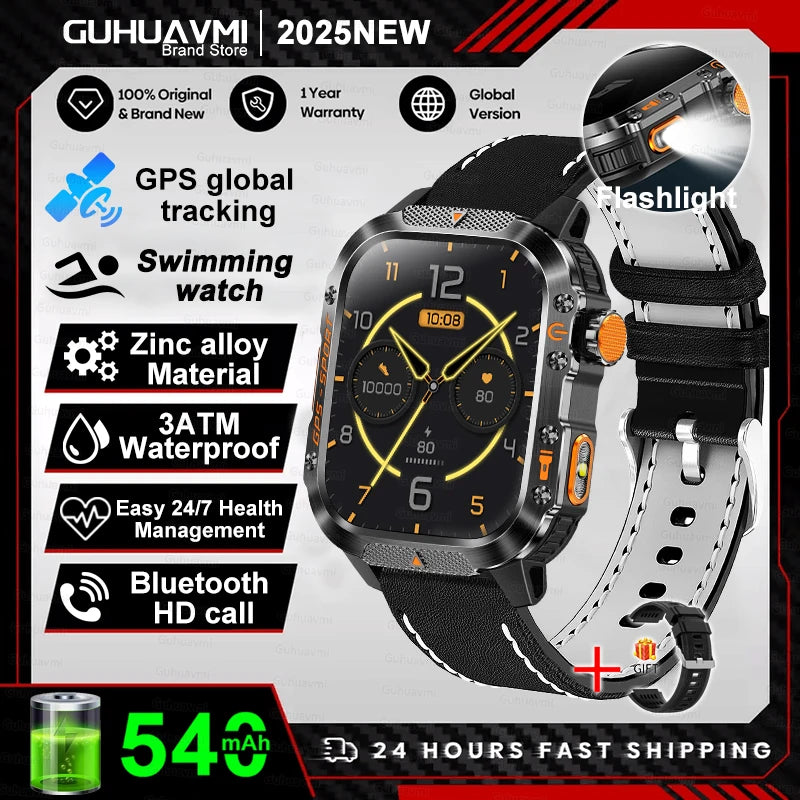 2026 New Military Grade Outdoor GPS Smart Watches Men Compass Heart Rate BT Call LED Flashlight 10ATM Waterproof Swim Smartwatch