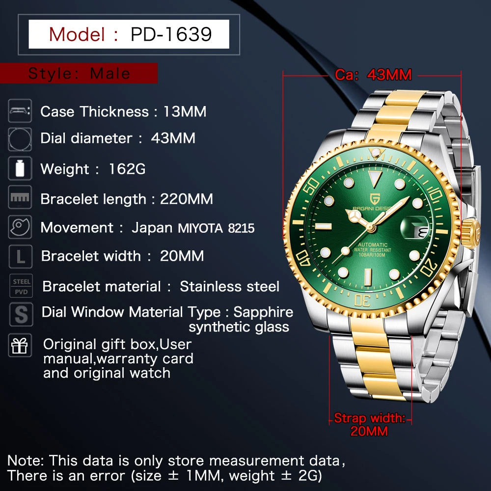 PAGANI DESIGN Classic Luxury Men's Mechanical Watches   Luminous Calendar Diving Watch Stainless Steel Sapphire Celebrity Choice