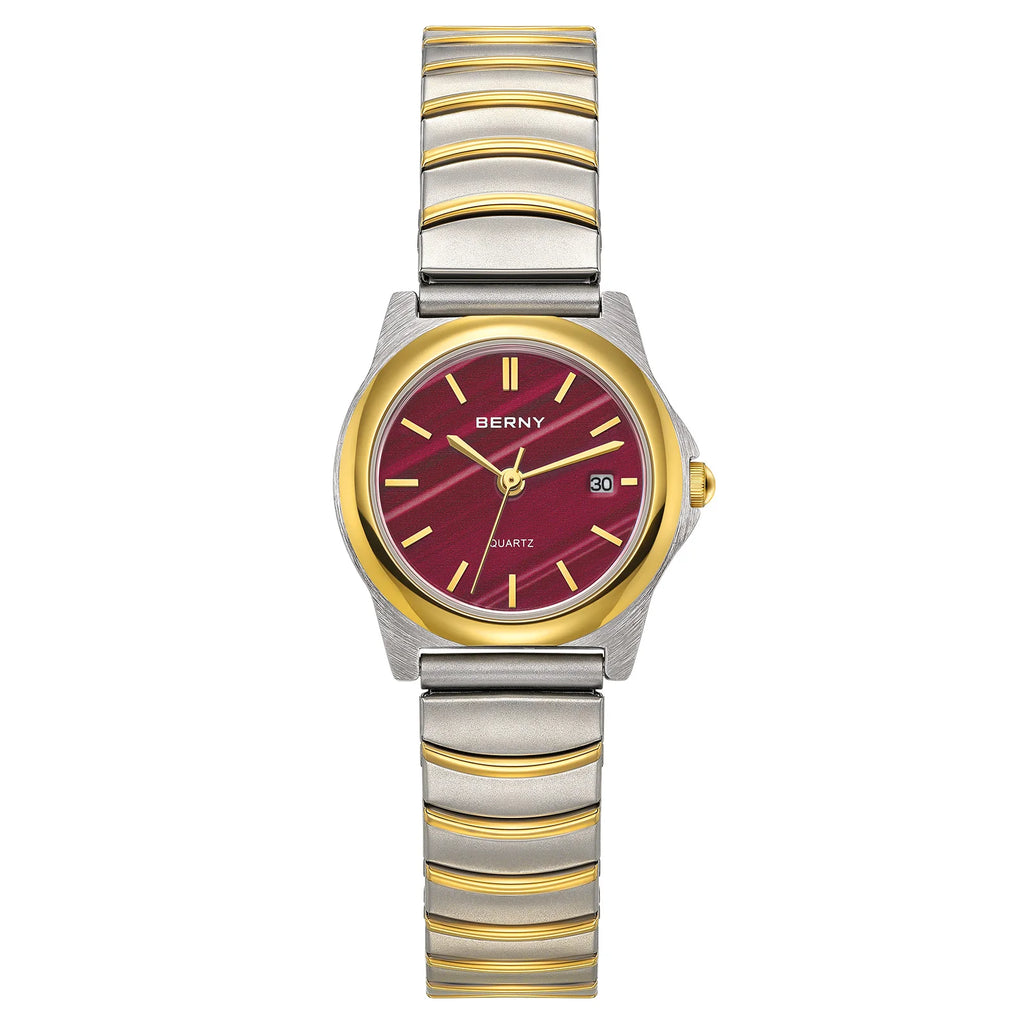 BERNY Gold Quartz Women Watch Fashion Easy Ware Women's Watches 3ATM Waterproof Stainless Steel Gold Expansion Band Ladies Watch