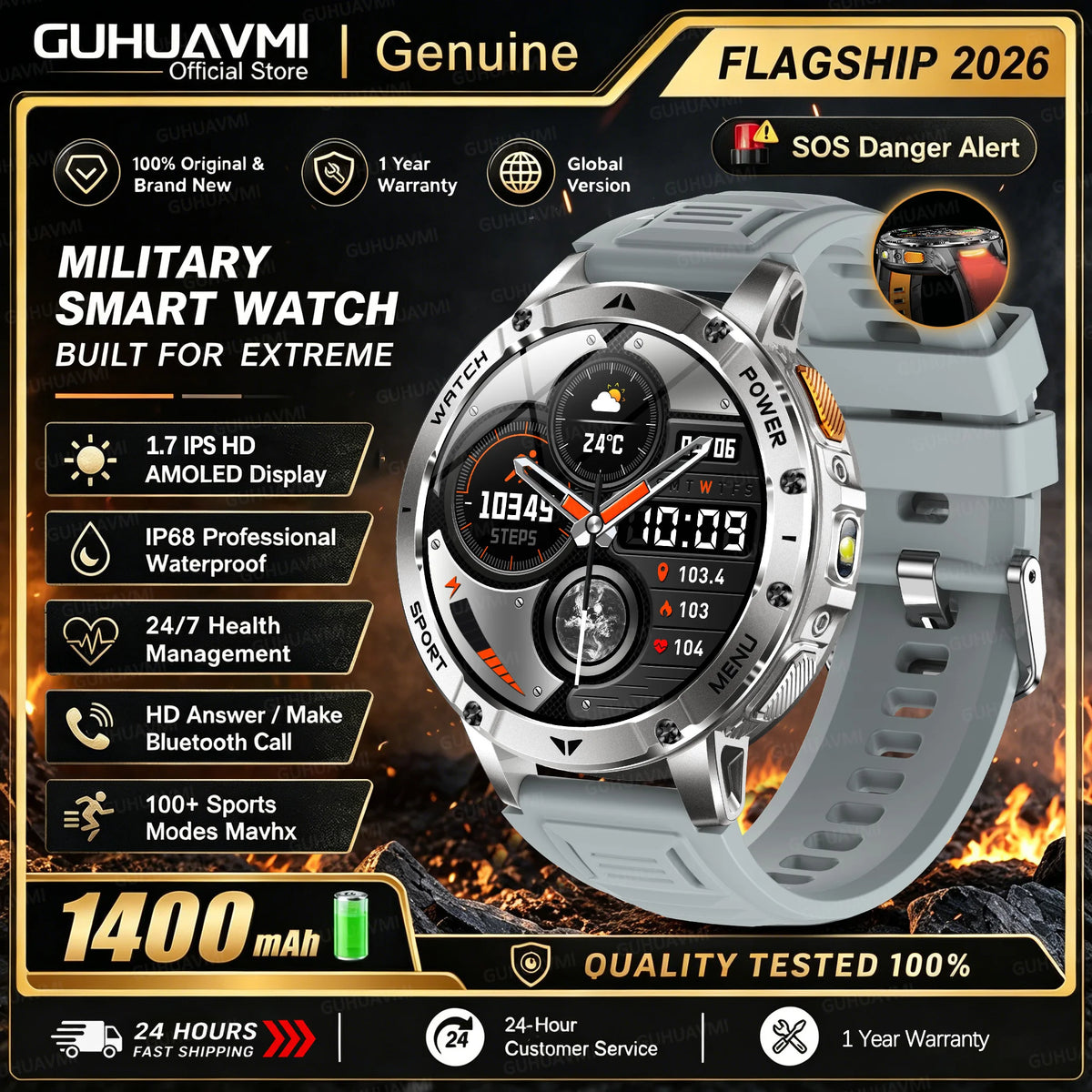Men Rugged Steel Sport Smart Watch 1400mAh Battery 1.7" HD Bluetooth Call 10ATM Waterproof Heart Rate Fitness Trackr Smartwatch