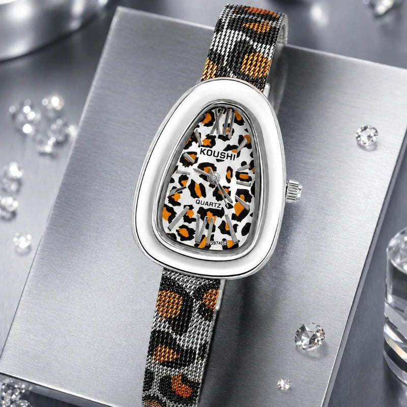 KOUSHI Vintage Leopard Print Dial Women's Quartz Watch Luxury Mesh Band Ladies Wristwatch Fashion Jewelry Gift for Daily Party