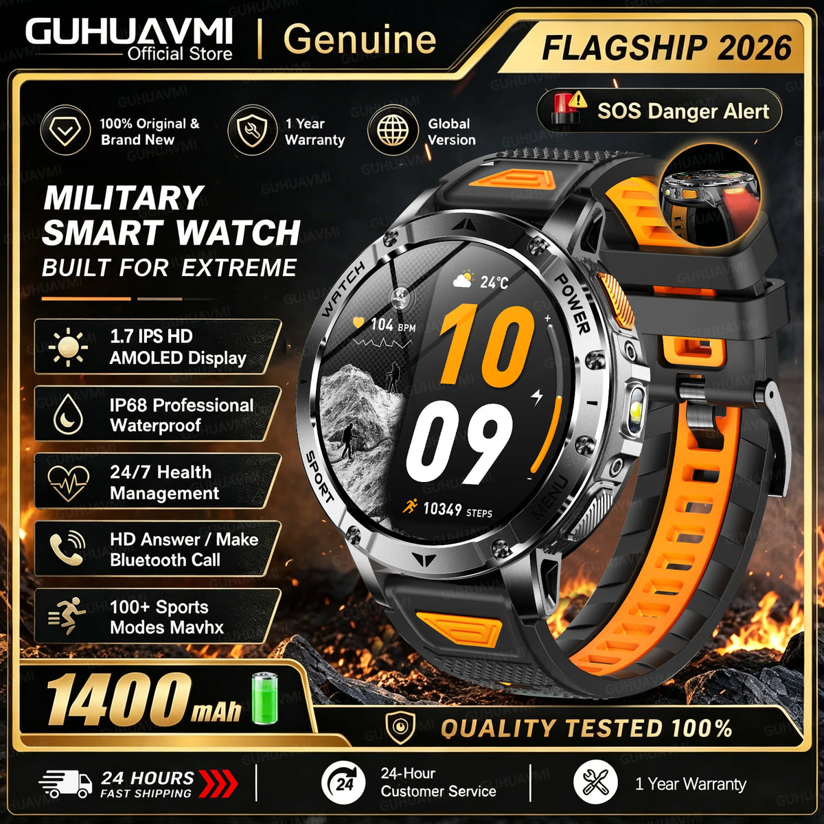Men Rugged Steel Sport Smart Watch 1400mAh Battery 1.7" HD Bluetooth Call 10ATM Waterproof Heart Rate Fitness Trackr Smartwatch