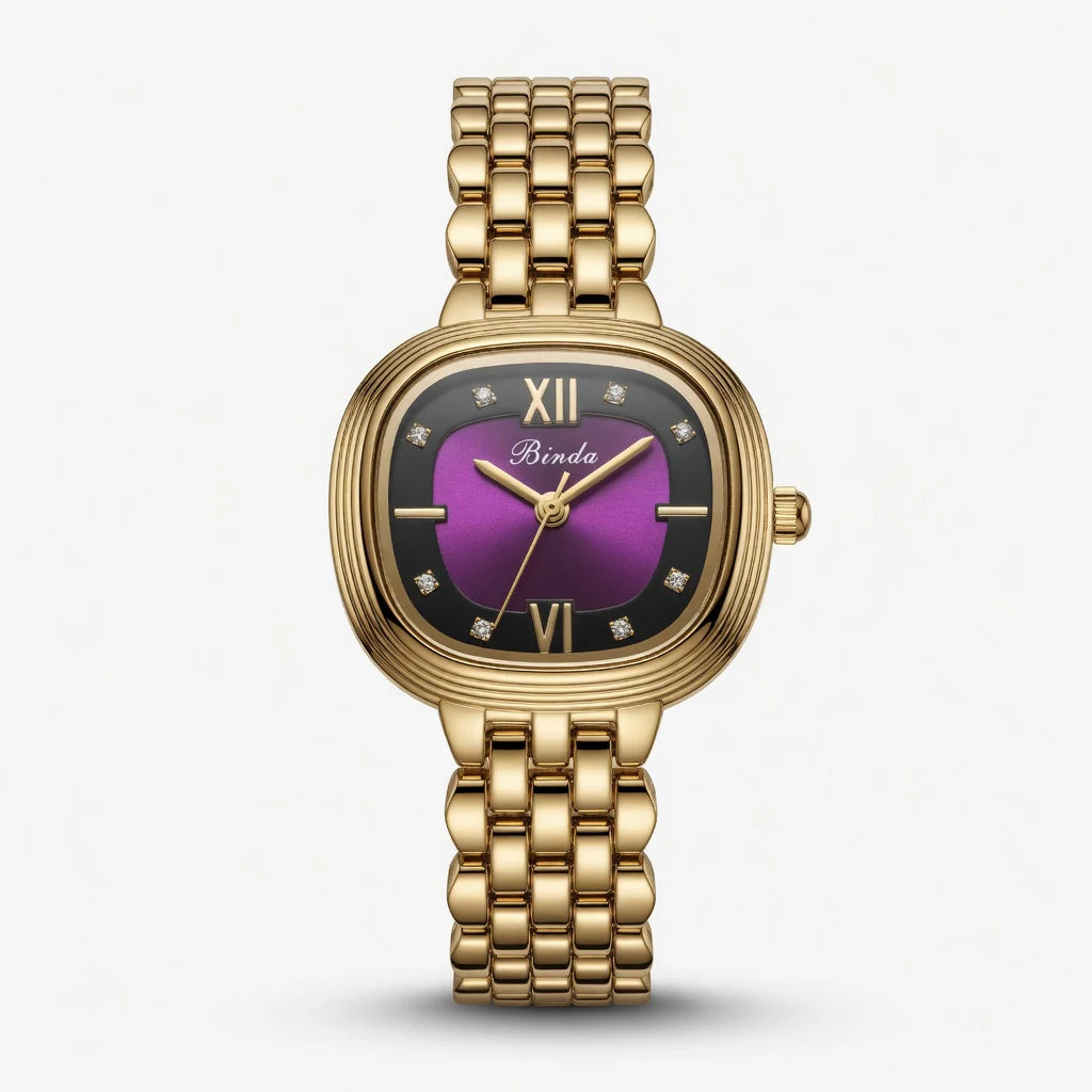 Binda Women's Retro Gold Square Quartz Watch - Roman Numerals, Two-Tone Dial, Gold Metal Bracelet, Elegant Light Luxury