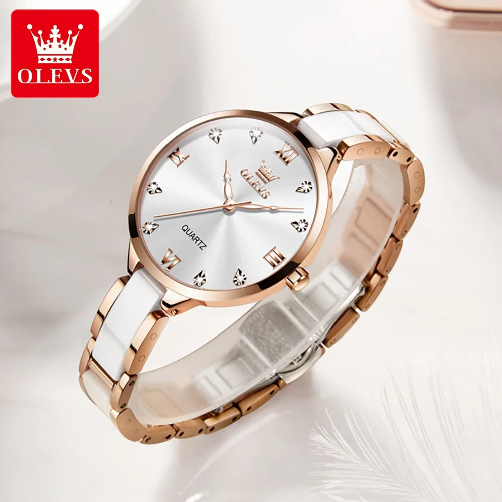 OLEVS 5872 Women Watch Elegant Luxury Original Quartz Watch  Waterproof Luminous Ceramic Strap Watches For Women Bracelet Set