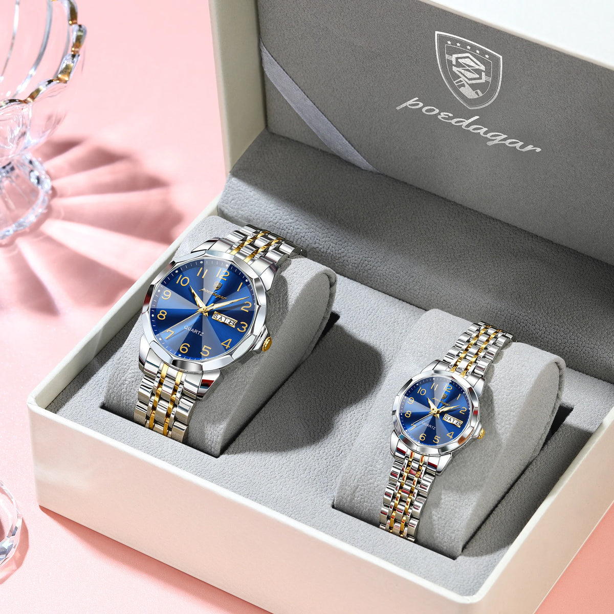 POEDAGAR Brand Watches For Couple Waterproof Date Week Couple's Watches Quartz Stainless Steel Fashion Lovers Watch Set+Box Gift