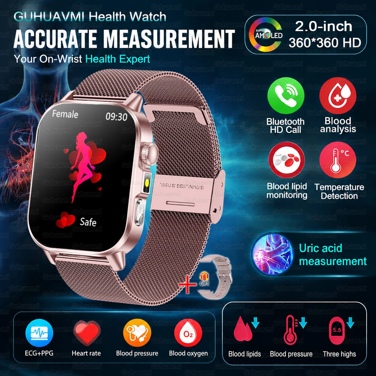 2026 Nursing Grade Smartwatch Men 2.0inch AMOLED ECG Heart Health BP Lipid Uric Acid Monitor Bluetooth Call Outdoor Sports Watch