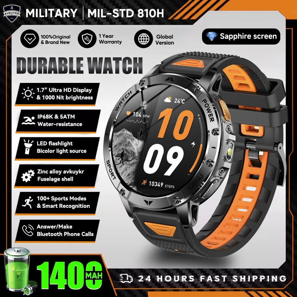 New Outdoor Sports Fitness 1.7 Inch Smart Watch 1400mAh Battery Waterproof SOS Dual-Color Flashlight BT Call Smart watch For Men