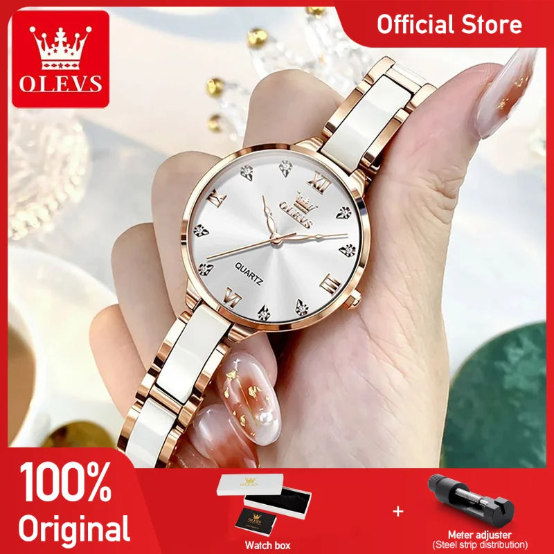 OLEVS 5872 Women Watch Elegant Luxury Original Quartz Watch  Waterproof Luminous Ceramic Strap Watches For Women Bracelet Set