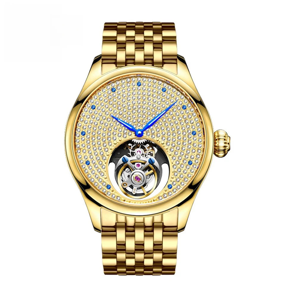 AESOP luxury starry sky men's tourbillon mechanical watch, manual movement hollow full diamond steel watch, 3Bar leather strap A
