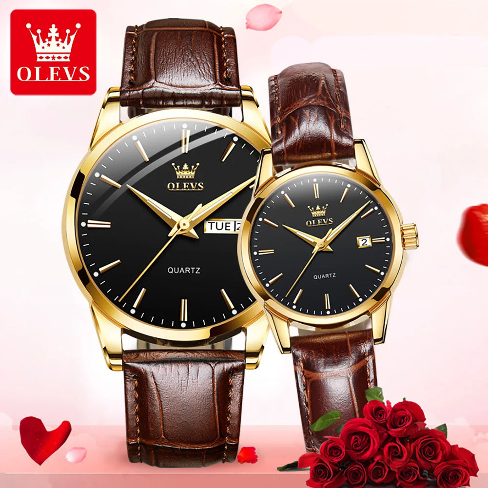 OLEVS 6898 Couple Watches Original Fashion Simple Waterproof Luminous Quartz Watch Leather Strap Date Wristwatch Couple Gifts