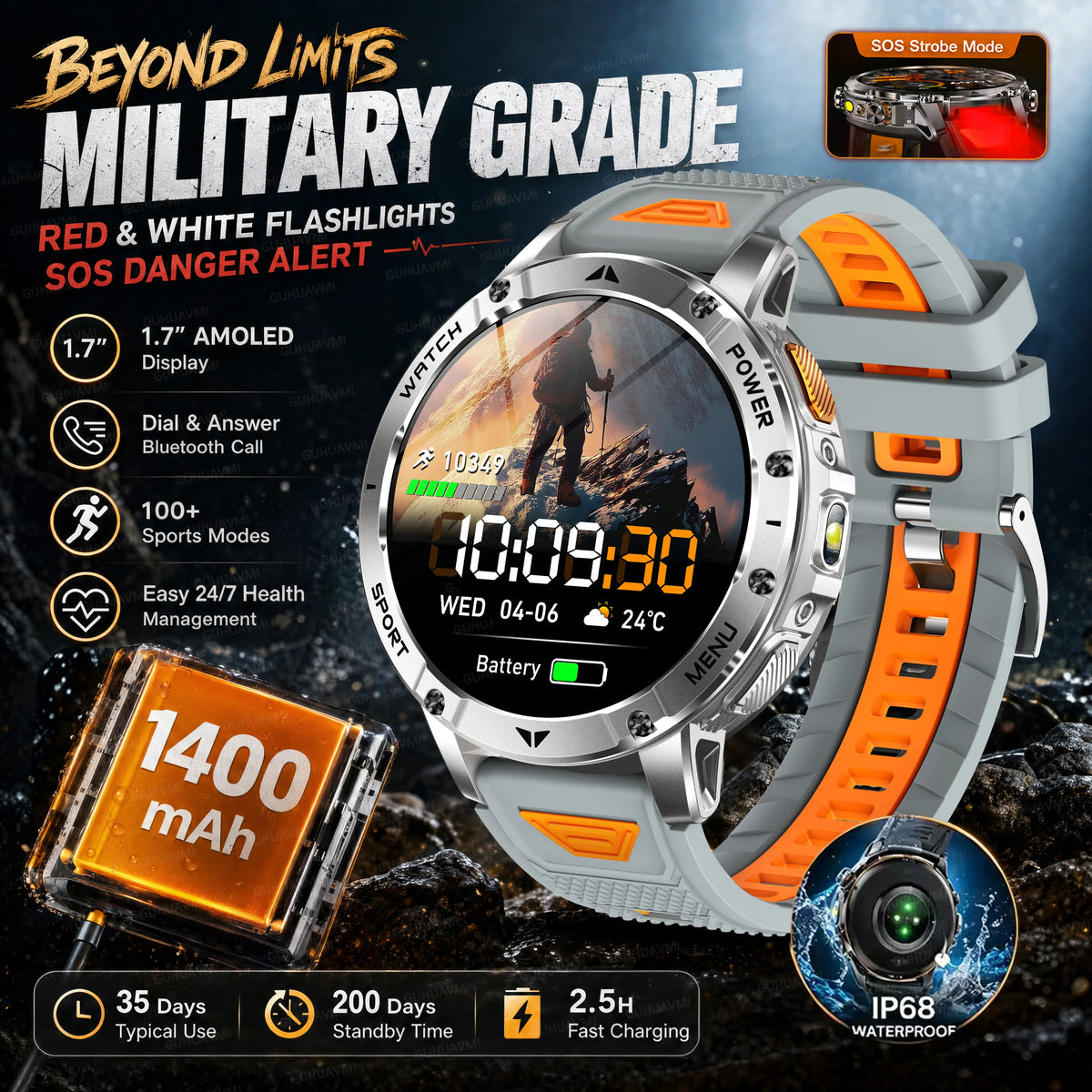 1400mAh Military Smart Watch 10ATM Waterproof 1.7-inch Outdoor Sport Flashlight Heart Rate Monitor Bluetooth Call SmartWatch Men