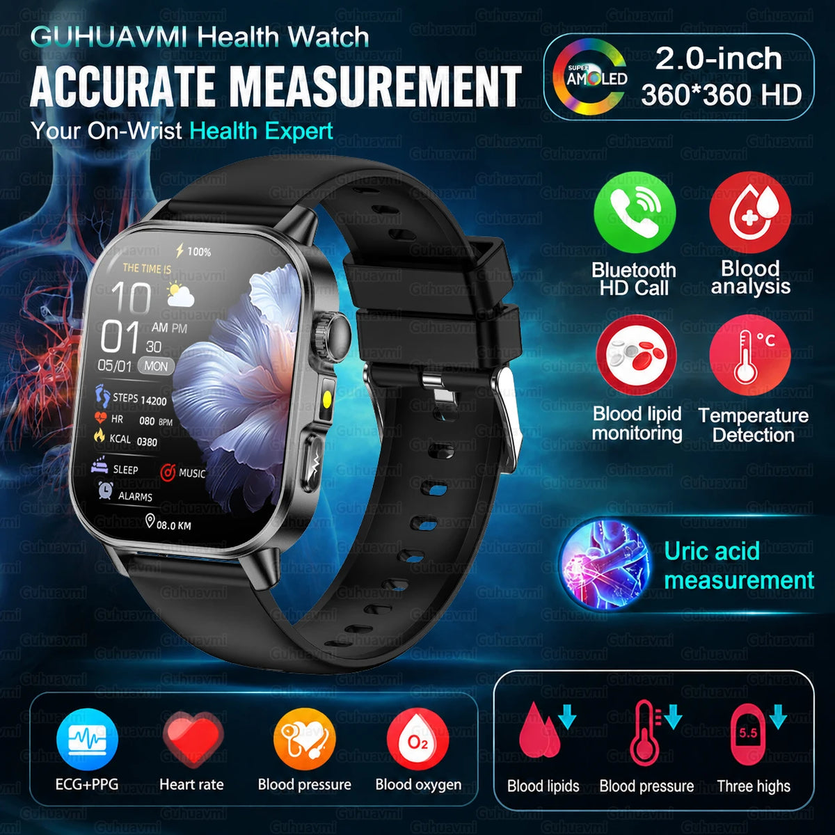 2026 Nursing Grade Smartwatch Men 2.0inch AMOLED ECG Heart Health BP Lipid Uric Acid Monitor Bluetooth Call Outdoor Sports Watch