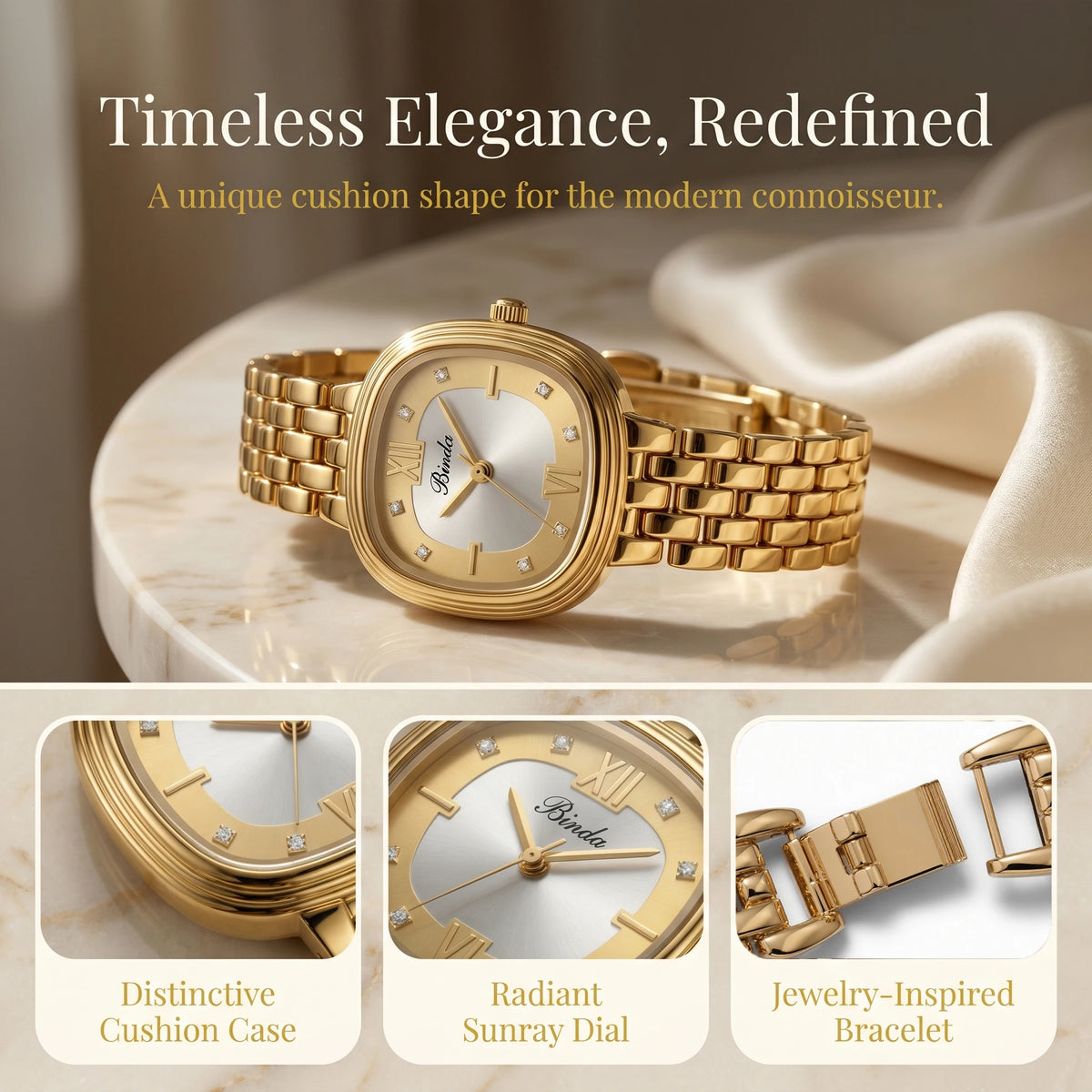 Binda Women's Retro Gold Square Quartz Watch - Roman Numerals, Two-Tone Dial, Gold Metal Bracelet, Elegant Light Luxury