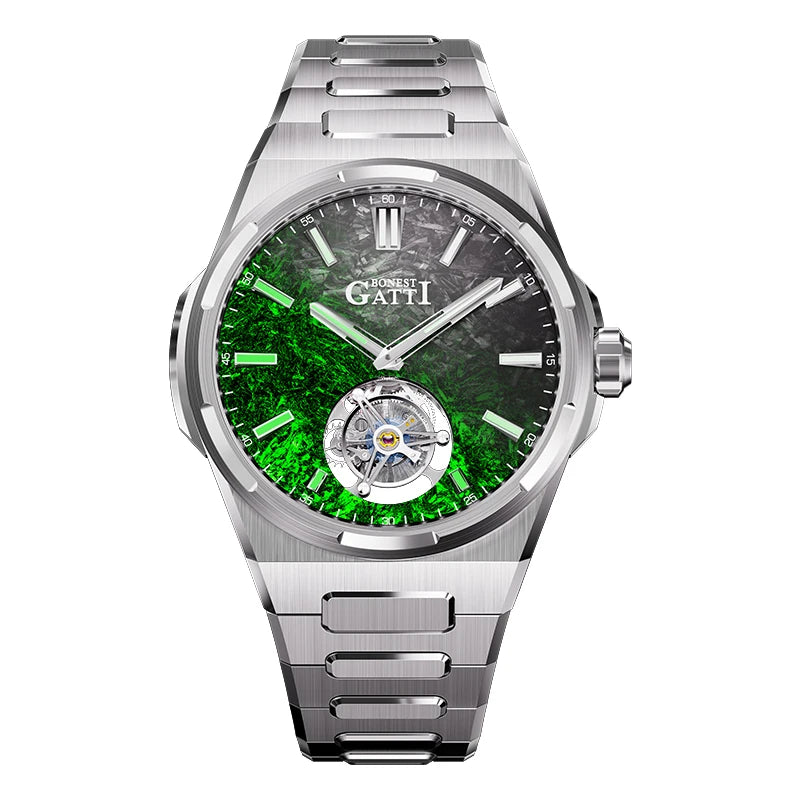 BONEST GATTI Automatic Movement Tourbillon Watch Mens 316L Stainless Steel Skeleton Luminous Dial Mechanical Watches for Men