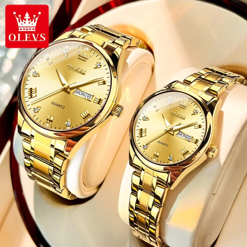 OLEVS  Couple Watch Luxury Gold Diamond Dual Calendar Waterproof Watch Fashion Brand Quartz Appointment Clock Couple Watch 5563