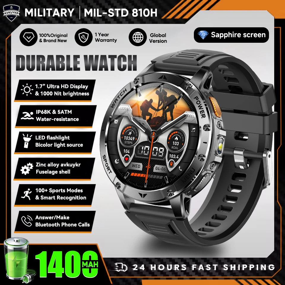 New Outdoor Sports Fitness 1.7 Inch Smart Watch 1400mAh Battery Waterproof SOS Dual-Color Flashlight BT Call Smart watch For Men