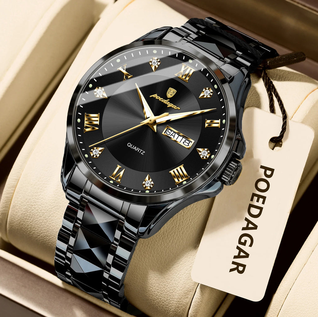 POEDAGAR Original Luxury Man Watch Waterproof Luminous Date Week Fashion Men Clock Stainless Steel Quartz Business Men's Watches
