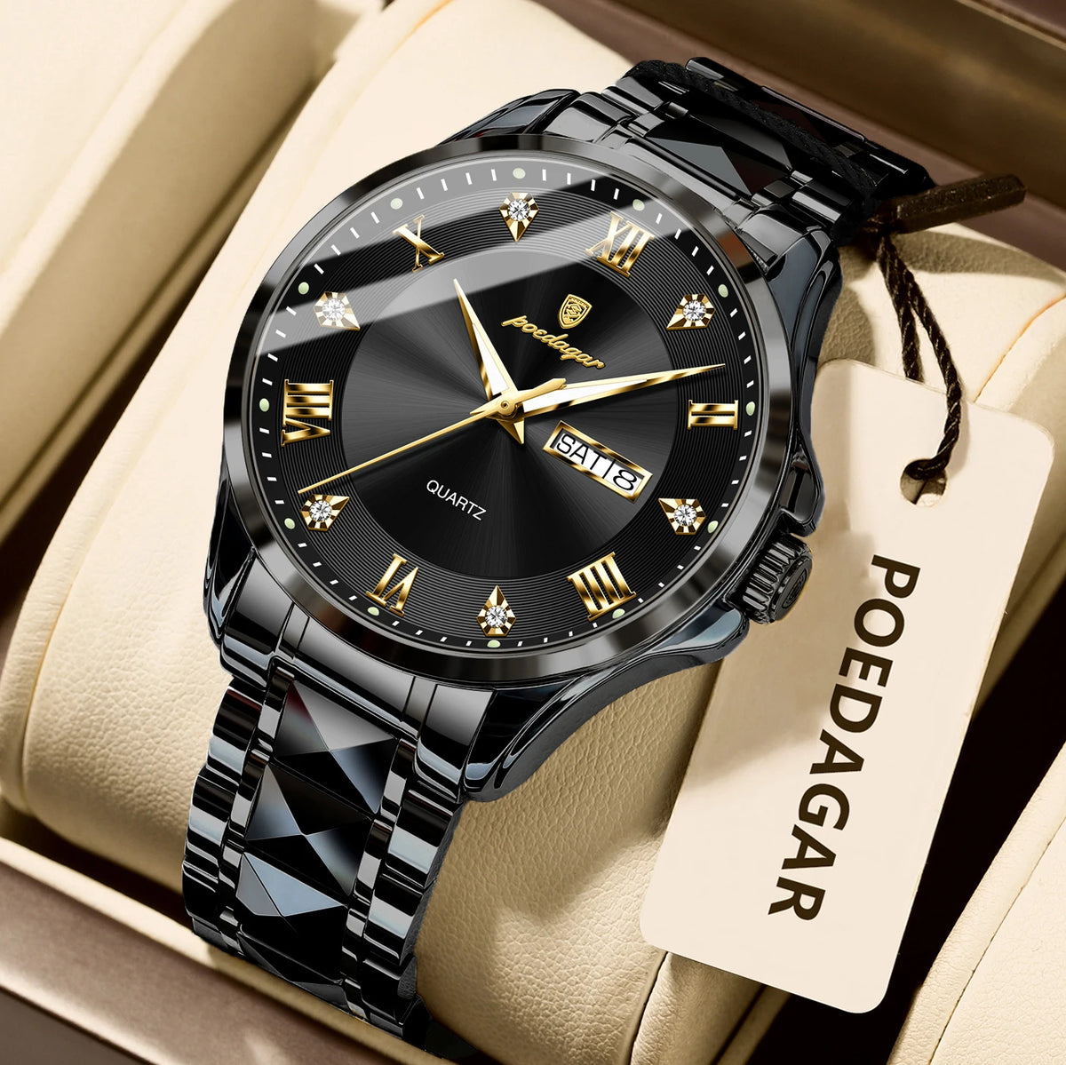 POEDAGAR Original Luxury Man Watch Waterproof Luminous Date Week Fashion Men Clock Stainless Steel Quartz Business Men's Watches