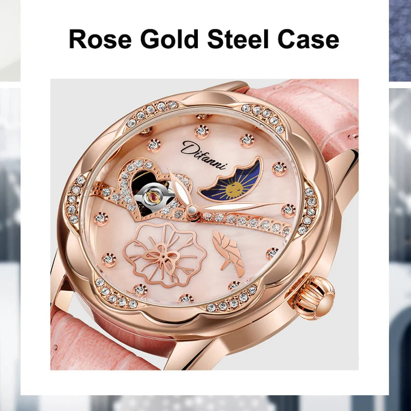 Watches Women Fashion Watch 2023 Automatic Mechanical Rhinestone Skeleton Dial Premium Leather Band Elegant Lady Watch New