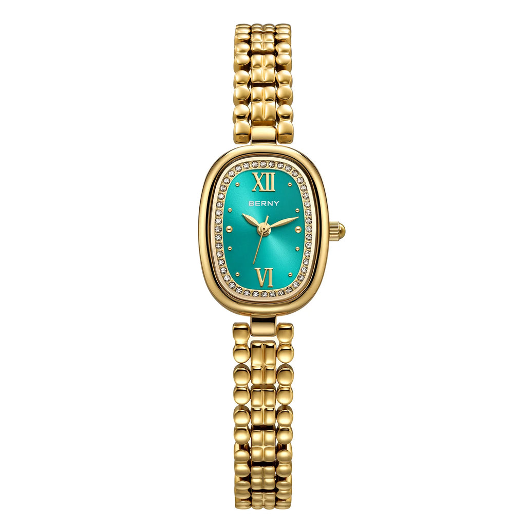 BERNY Golden Watches for Women Elegant Ladies Quartz Watch Luxury Slim Oval Fashion Casual Minimalist Party Gift Wristwatch